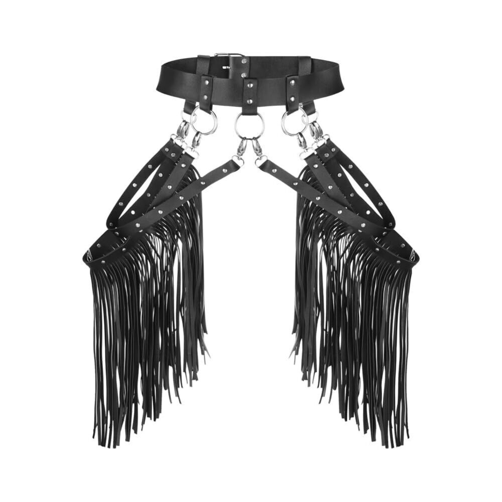 2298 Women Leather Tassel Waist Belt Gothic Fringe Long Punk - Picture 3 of 8